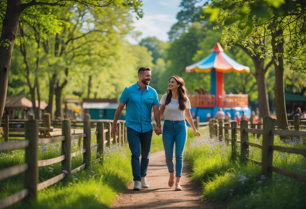 A couple enjoying a sunny day together in a wooded amusement park surrounded by trees and greenery.