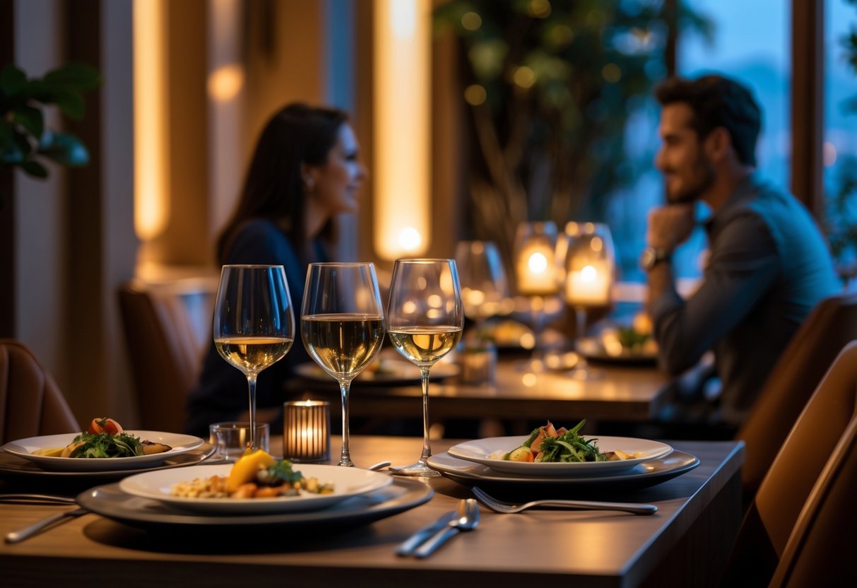 A couple enjoying a romantic dinner at a warmly lit restaurant table set for two.