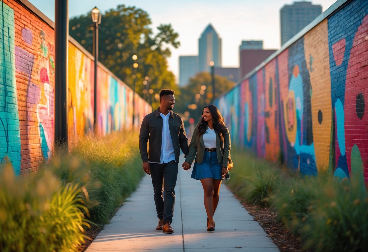 A young couple walking hand-in-hand along a path lined with colorful murals and greenery in Atlanta.
