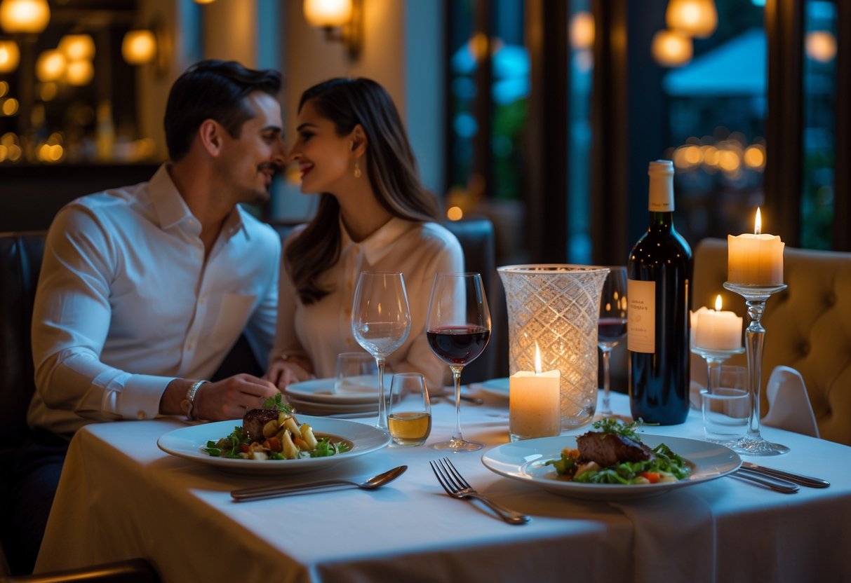 A couple enjoying a romantic candlelit dinner at a restaurant with a beautifully set table and warm lighting.
