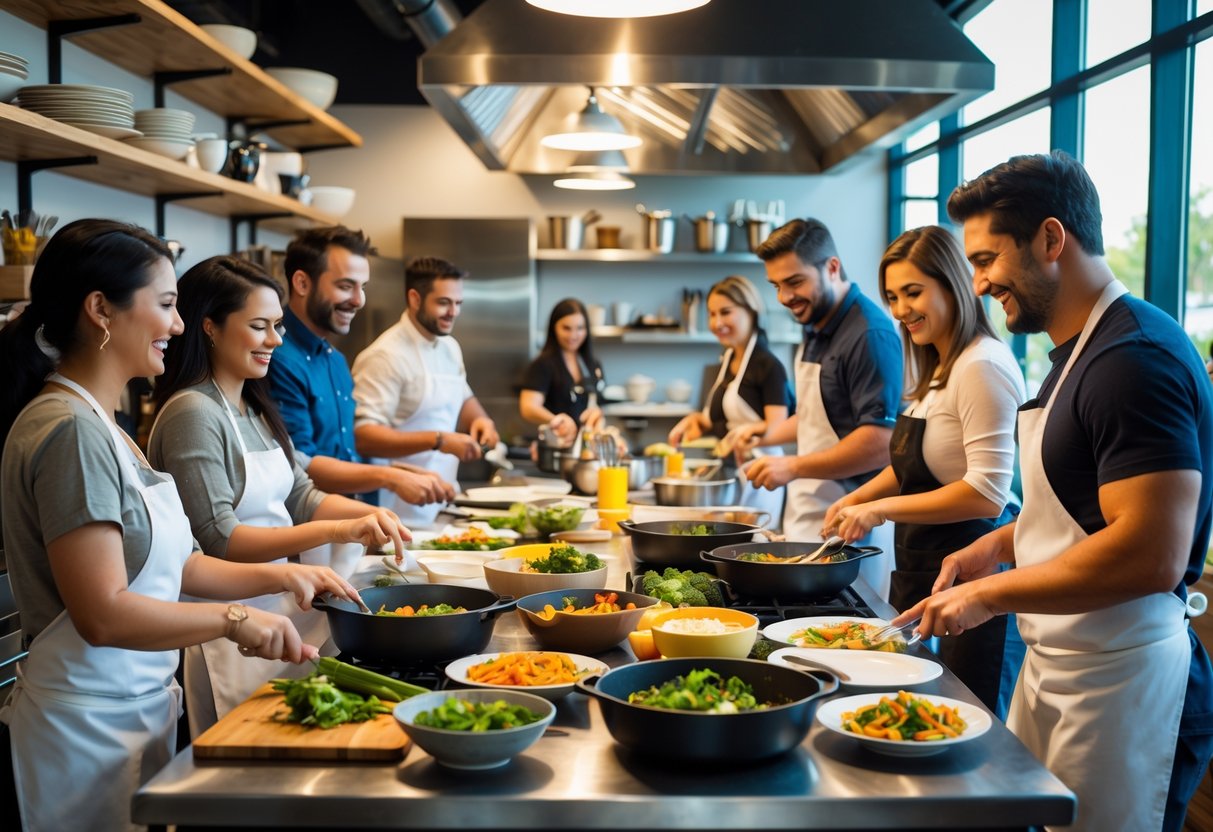 Couples cooking together in a bright kitchen during a cooking class at The Cook's Warehouse.