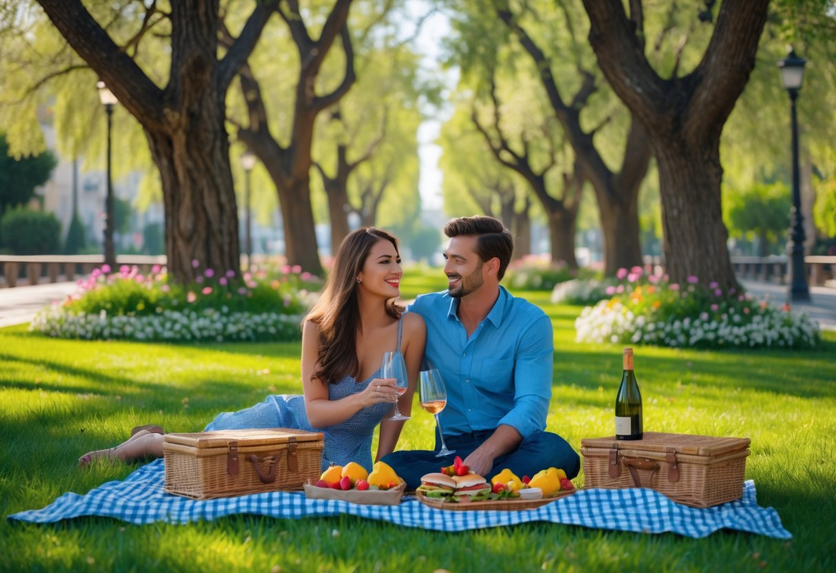 A couple enjoying a picnic on a blanket in a green park with trees and flowers.