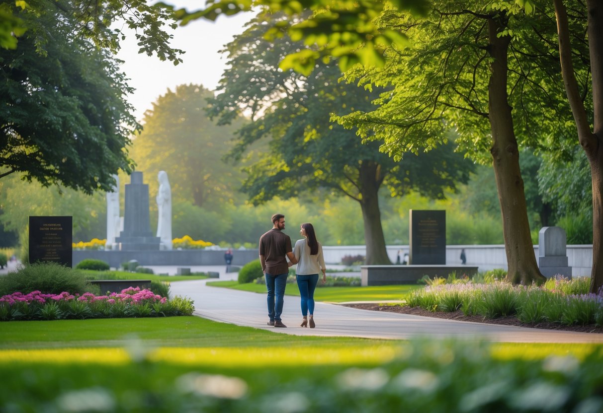 A couple walking along a tree-lined path surrounded by greenery and memorial sculptures at the National Memorial Arboretum.
