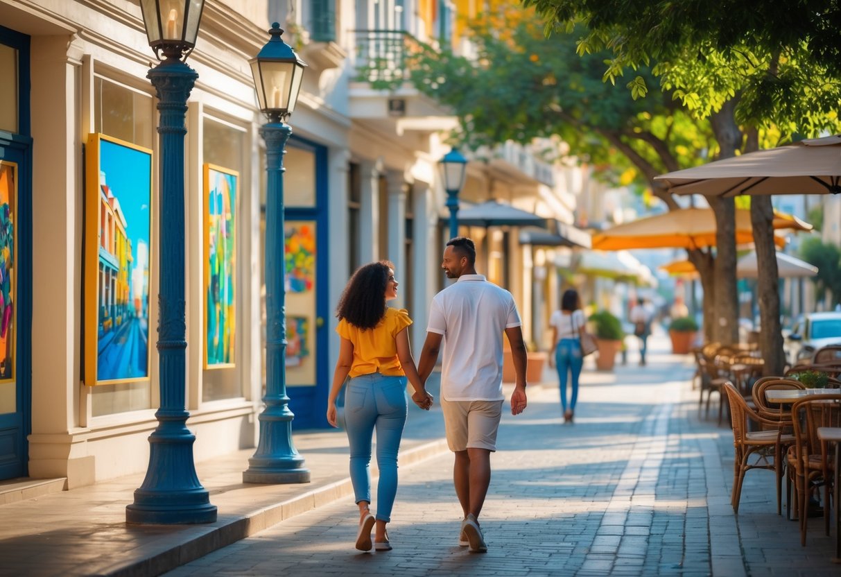 A couple walking hand-in-hand past art galleries on a sunny street in downtown Athens.