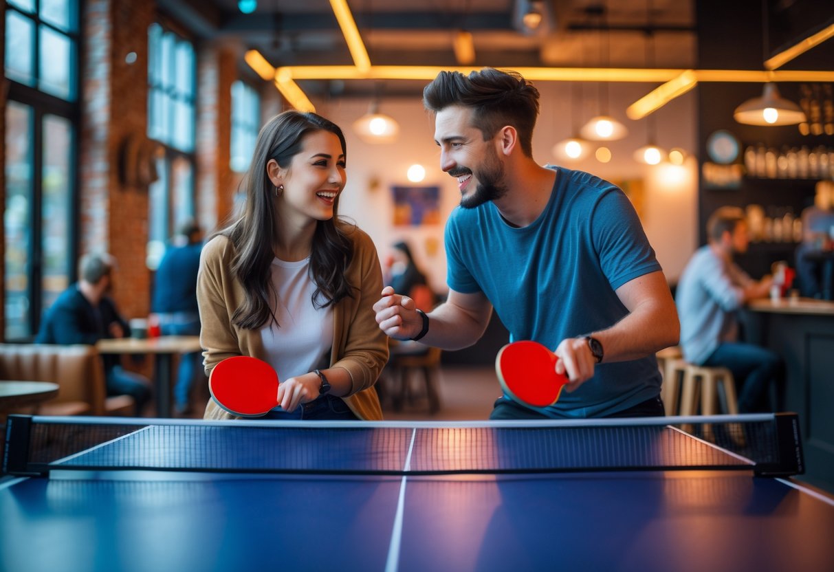 A young couple playing ping pong together at an indoor venue, smiling and enjoying their game.