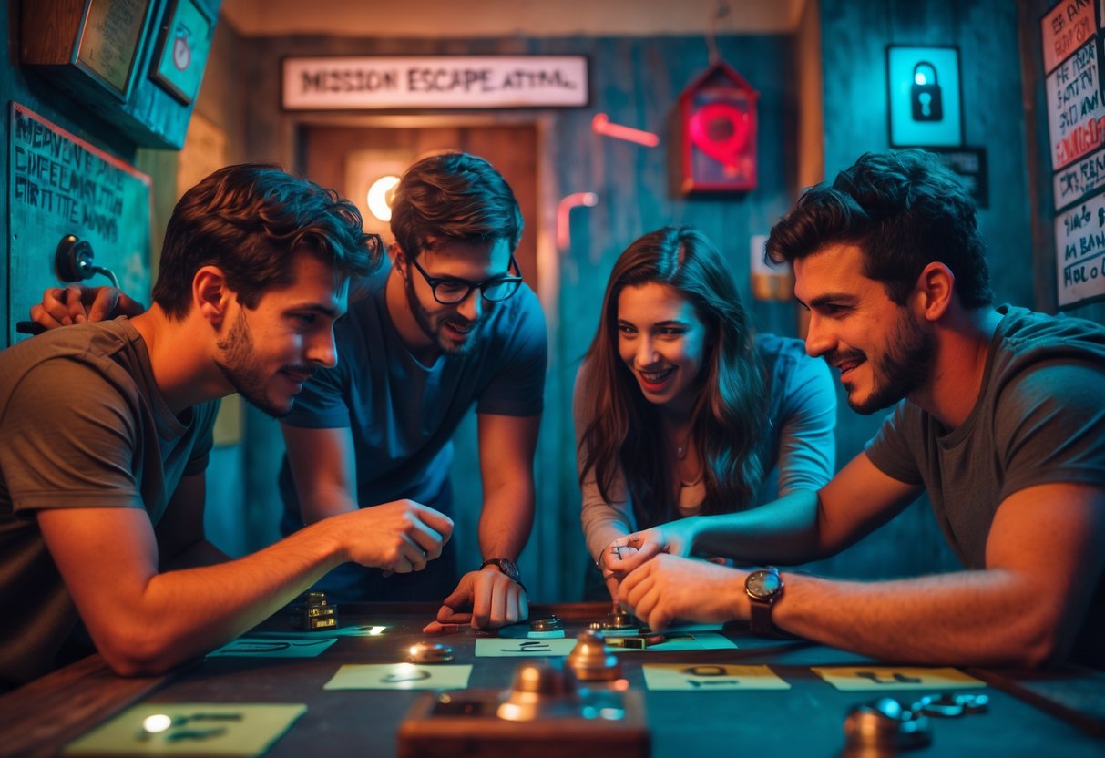 A group of young adults working together to solve puzzles in an escape room.