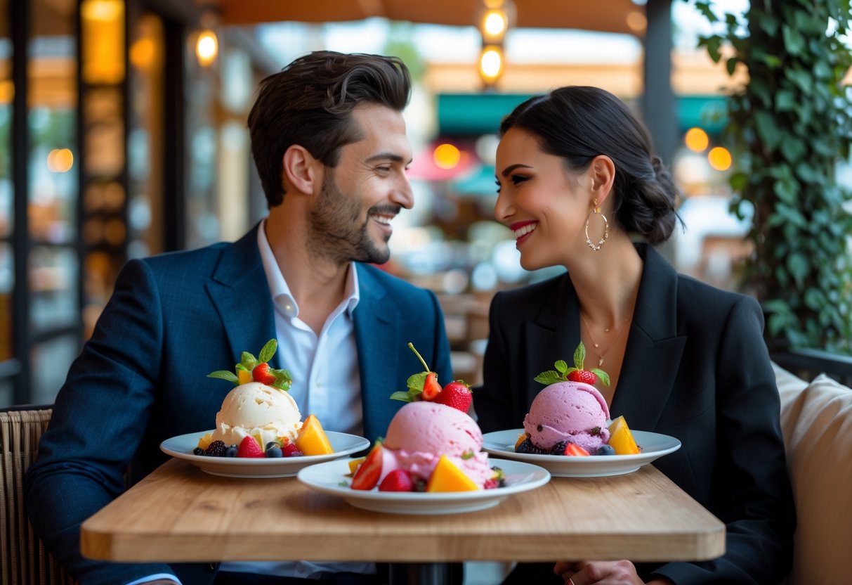 Couple enjoying artisanal ice cream desserts together at an outdoor table in a cozy urban setting.