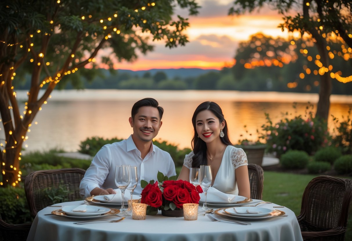 A couple sitting at a beautifully set outdoor dinner table surrounded by flowers and lights during sunset.