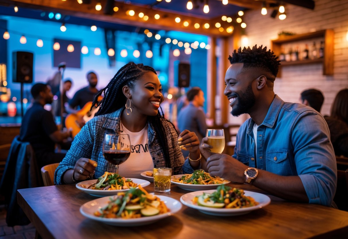 A couple enjoying live music and food at a lively venue with a band playing on stage and other people around.