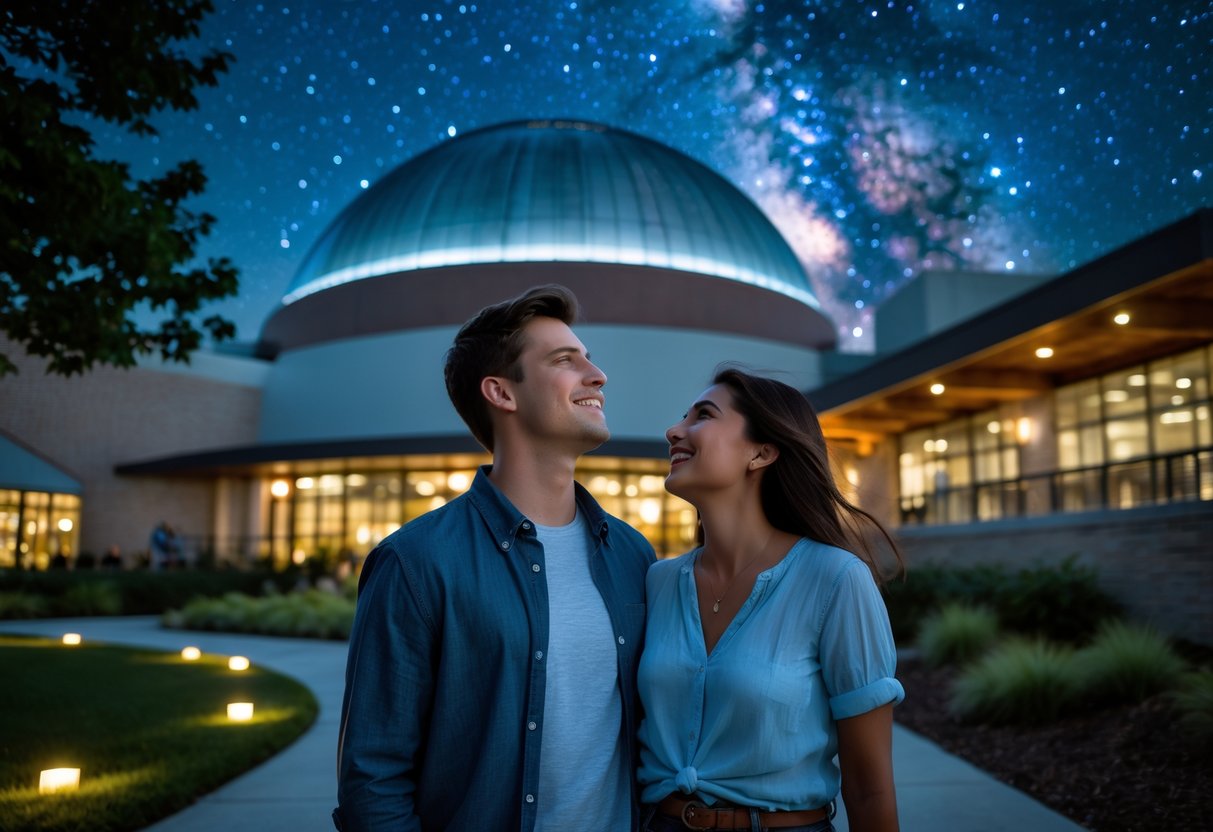 A young couple standing outside Abrams Planetarium at night, looking up at a starry sky with the planetarium building visible behind them.