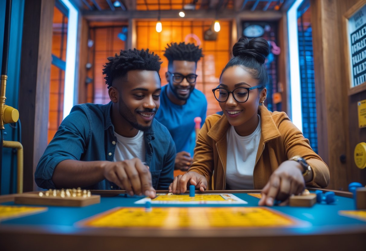 A young couple working together to solve puzzles in an escape room.
