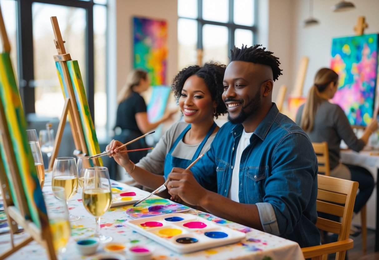 A couple painting together at a studio table with art supplies and glasses of wine, enjoying a creative date.