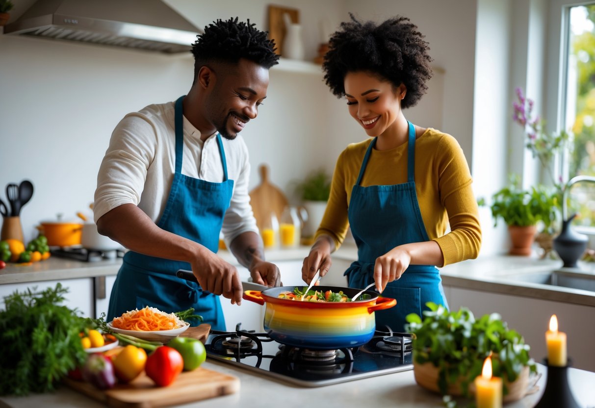 A couple cooking together in a kitchen, preparing a meal with fresh ingredients and smiling as they enjoy the activity.