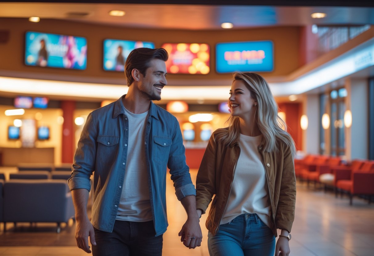 A young couple walking hand in hand through a brightly lit movie theater lobby with colorful posters and digital screens.
