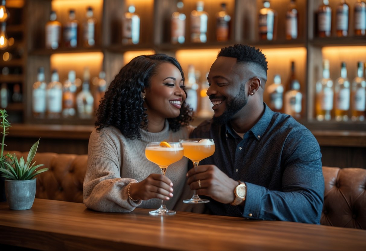 A couple enjoying drinks together at a cozy bar with warm lighting and wooden decor.