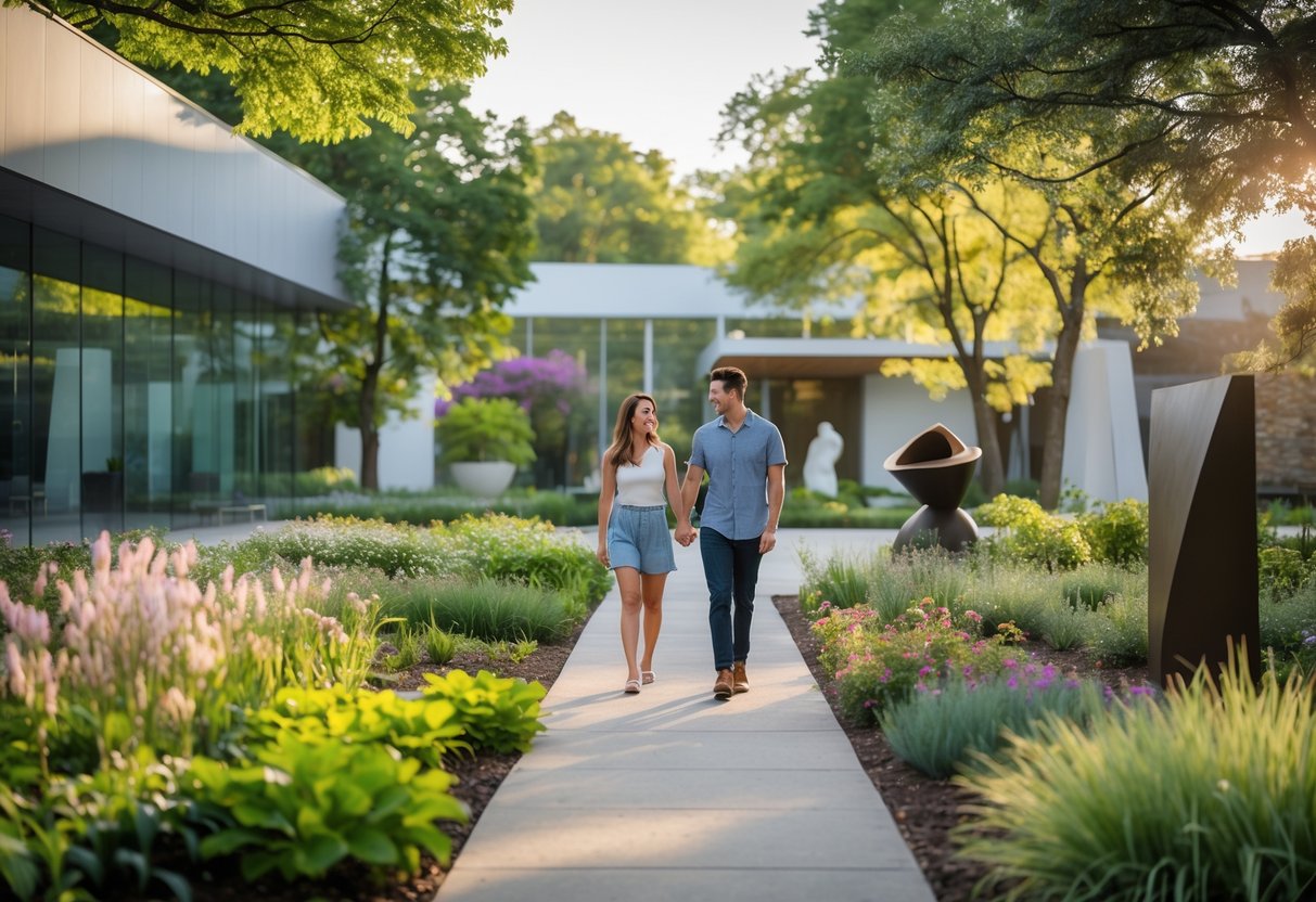 A young couple walking hand in hand along a garden path surrounded by plants and sculptures outside a modern art museum.