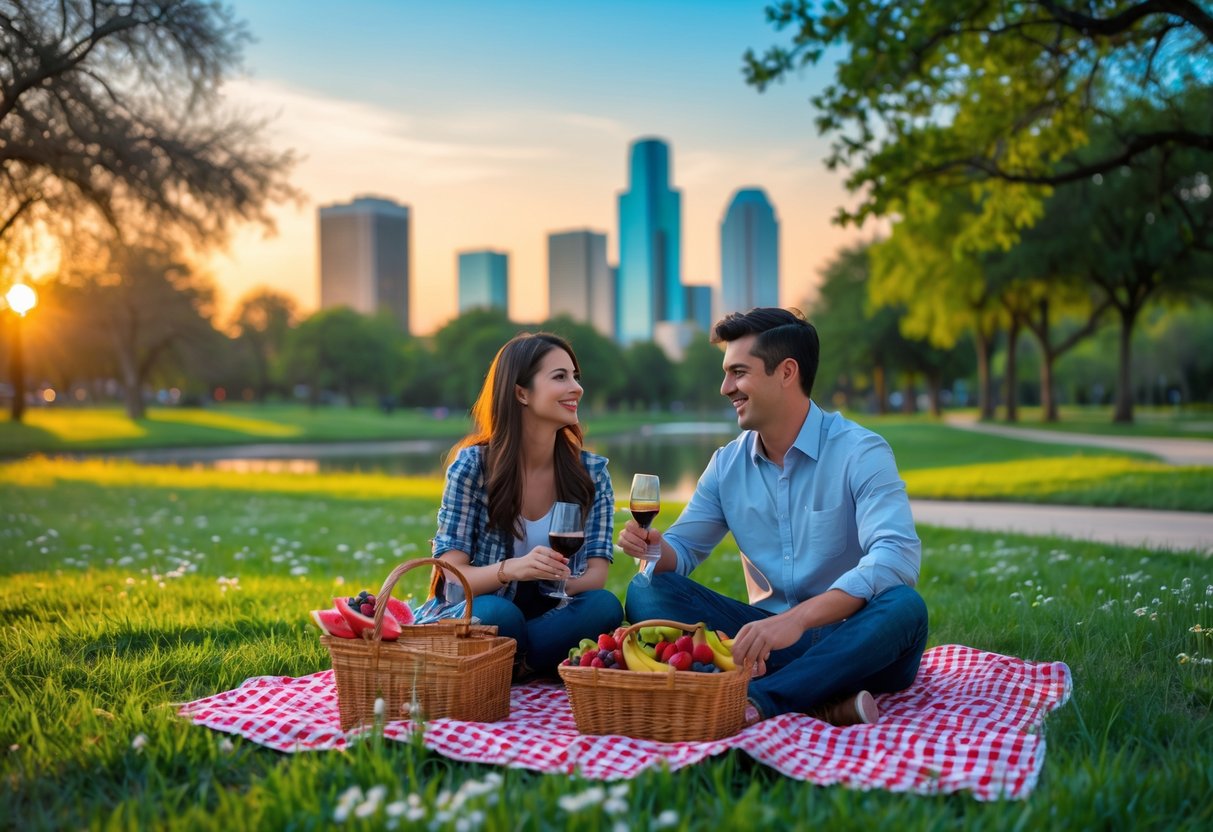 A young couple enjoying a picnic on a blanket in a green park with trees and a city skyline in the background.