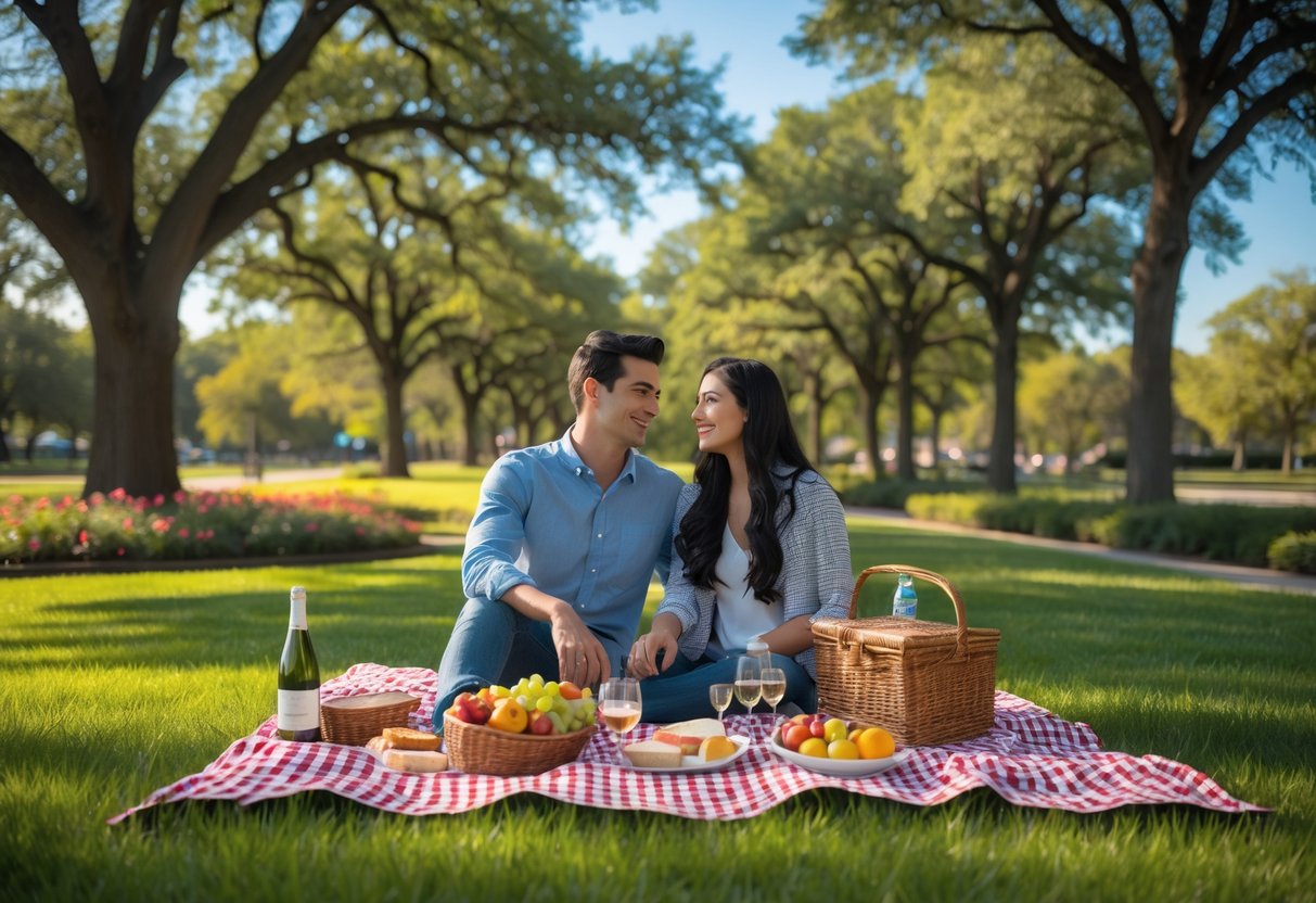 A couple enjoying a picnic on a blanket in a green park with trees and flowers.