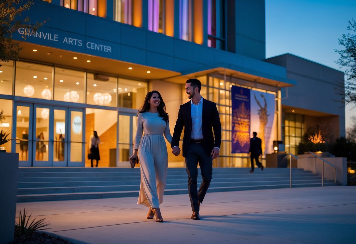 A couple holding hands and arriving at the Granville Arts Center in Garland, Texas during the evening.