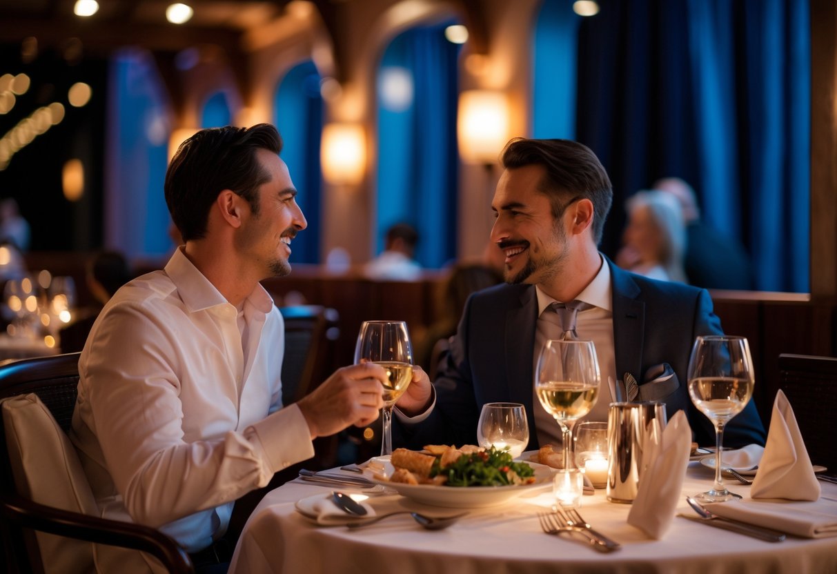 A couple enjoying a romantic dinner at a warmly lit restaurant with elegant table settings and subtle theatrical decor.
