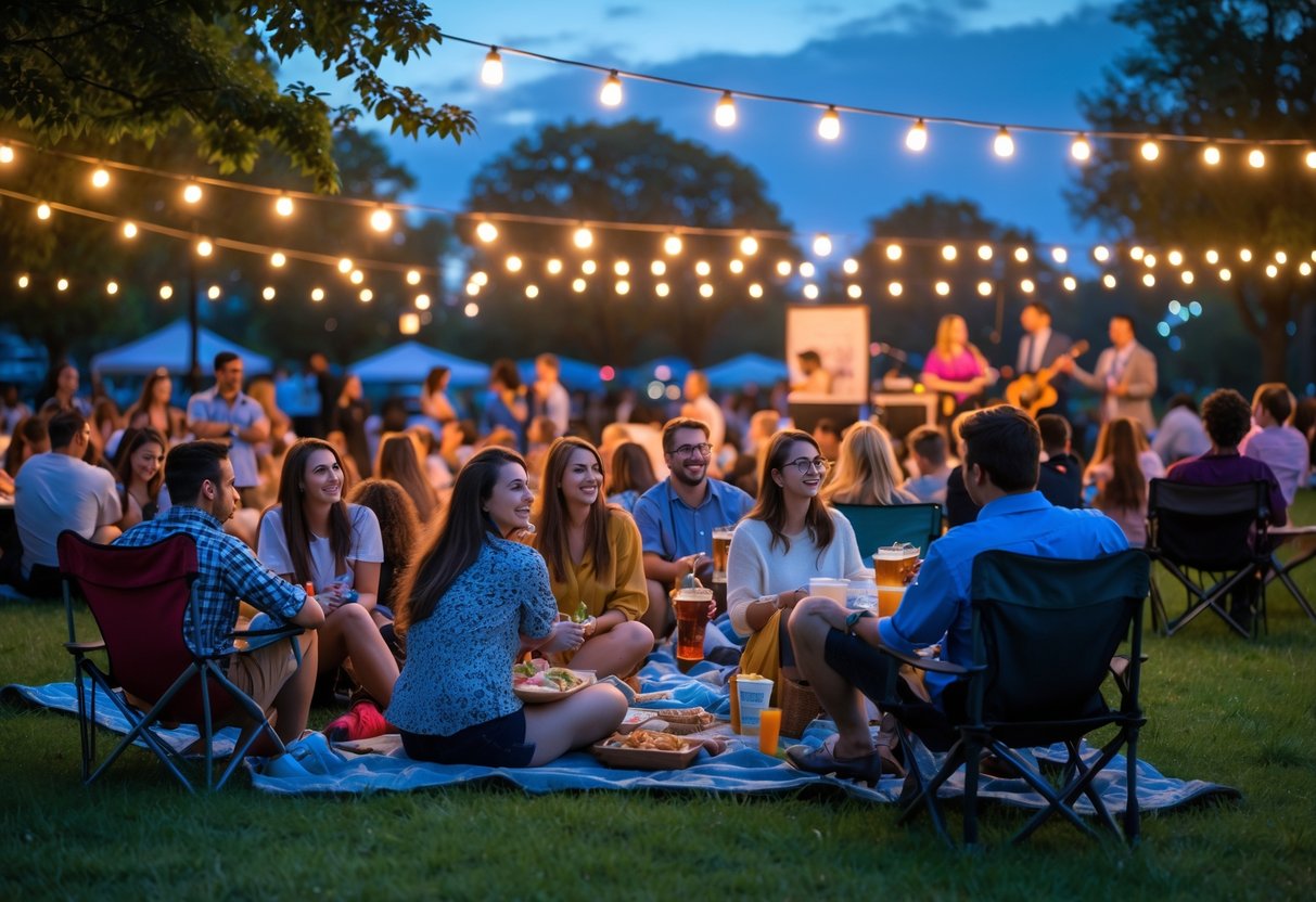 People enjoying a free outdoor community concert in a park during the evening.