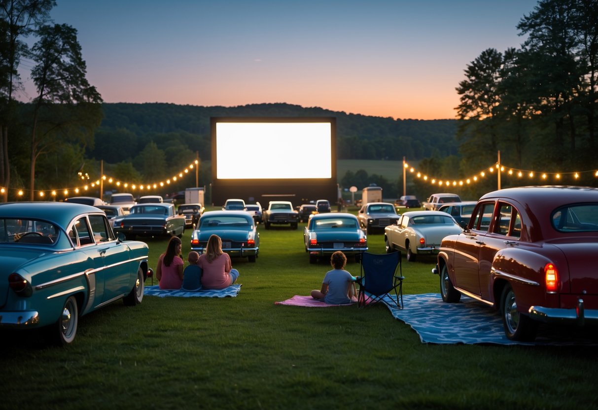 Couples and families watching a movie outdoors at a drive-in theatre with cars parked facing a large screen under an evening sky.