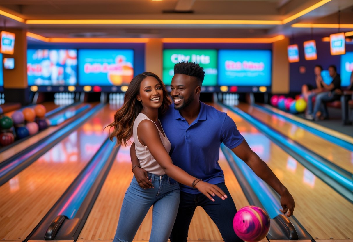 A young couple smiling and bowling together at a busy bowling alley with colorful balls and pins.