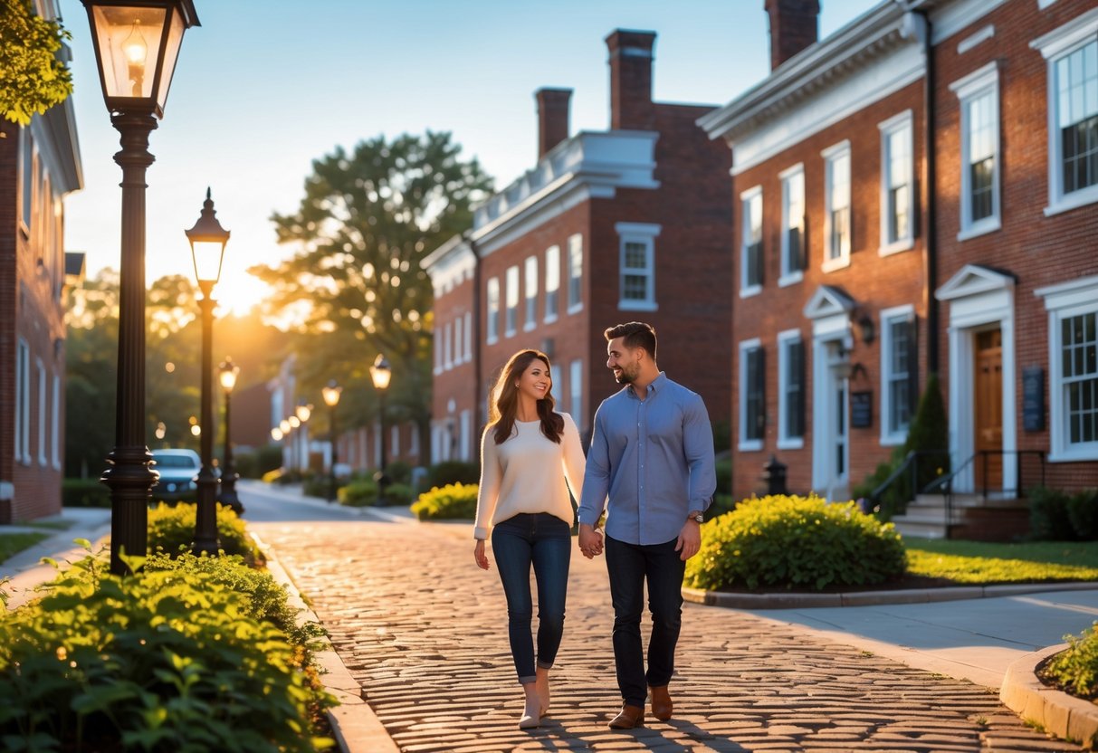 A couple walking hand in hand near historic brick buildings in Hagerstown, Maryland during sunset.