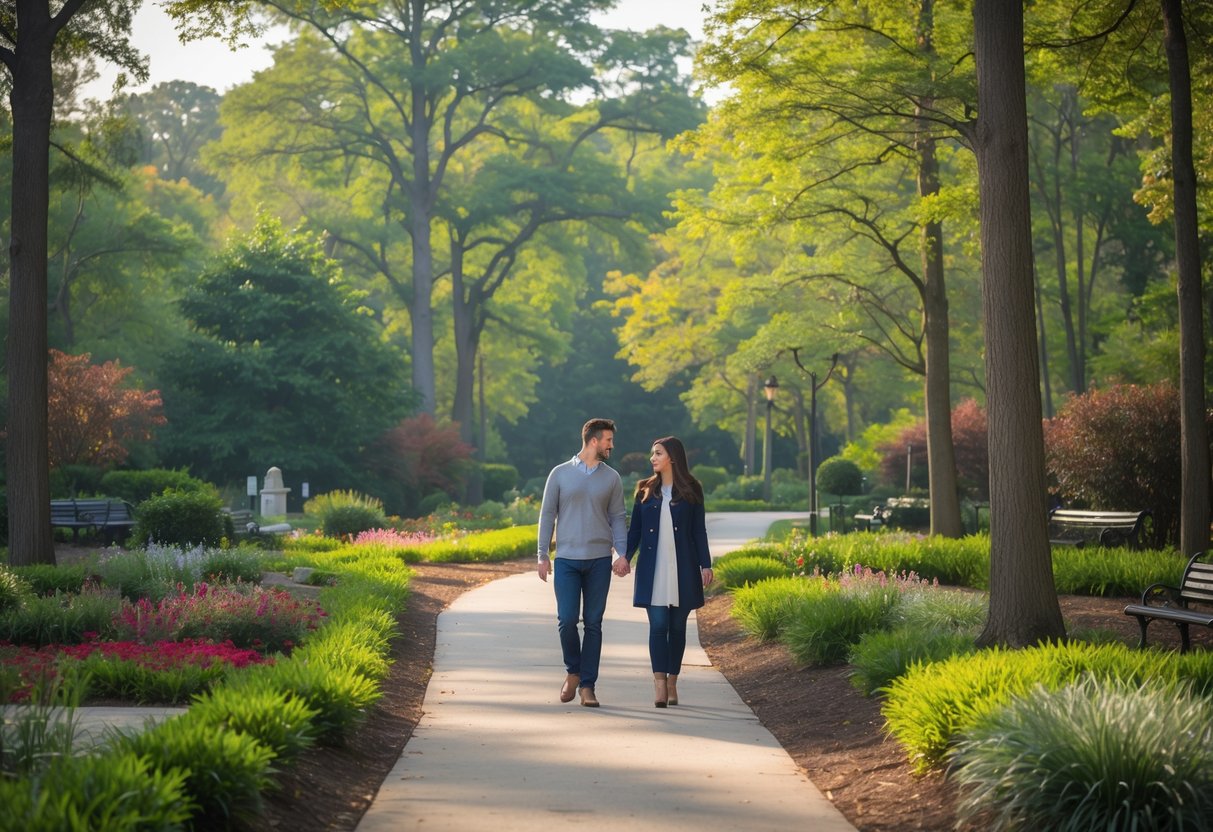 A couple walking hand-in-hand along a garden path surrounded by trees and flowers in Greensboro Arboretum.