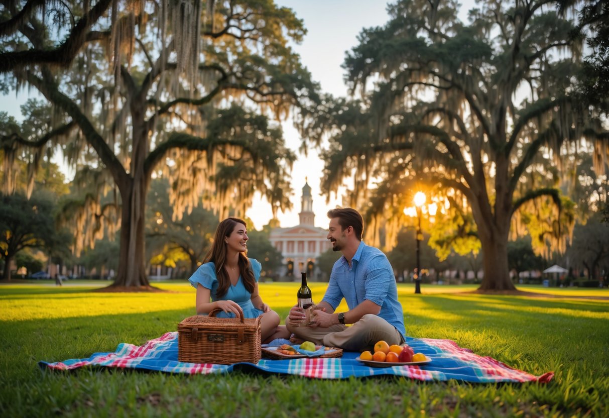 A young couple having a picnic on a green lawn under oak trees with Spanish moss in Gainesville, Florida, smiling and enjoying each other's company during sunset.