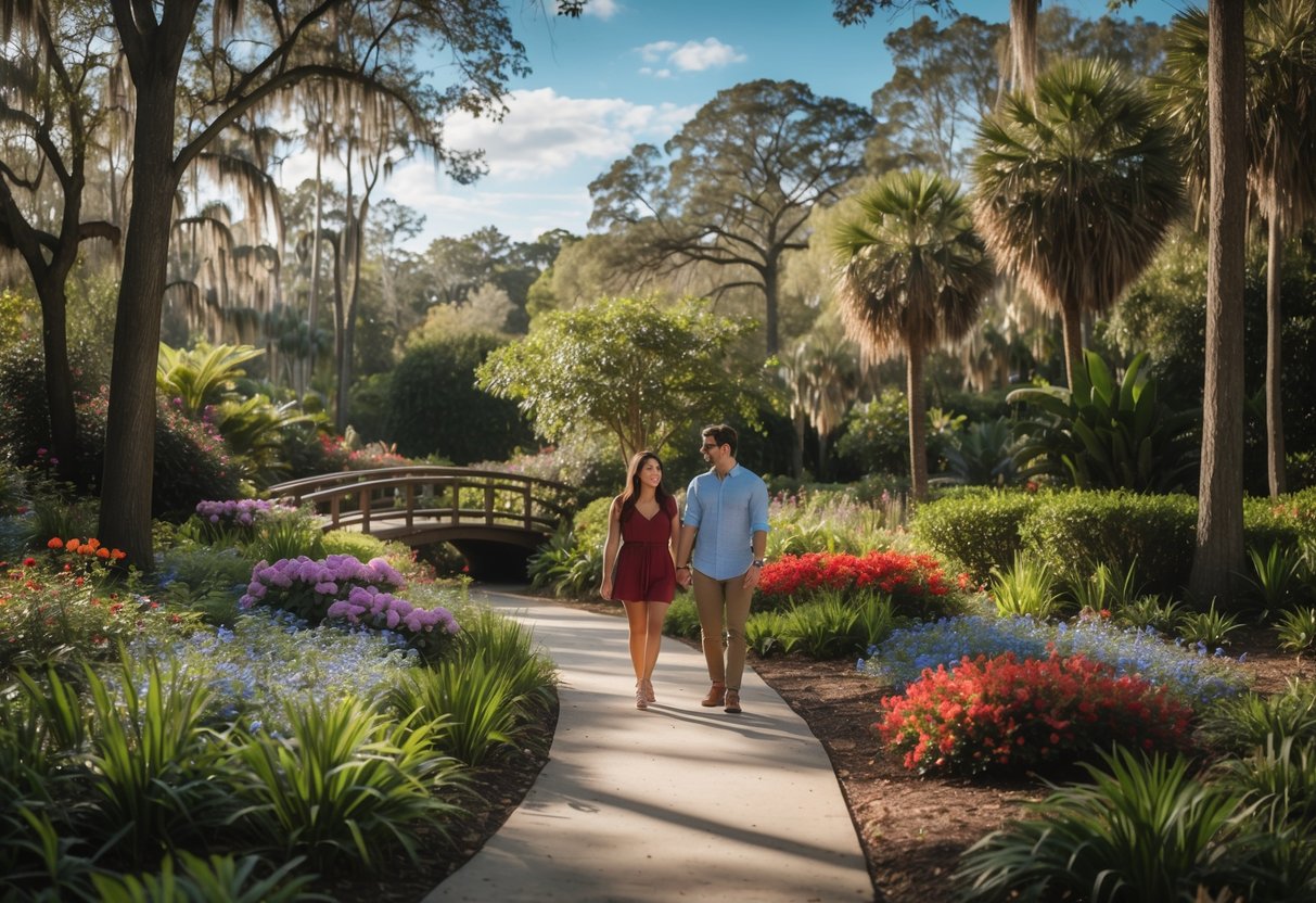A couple walking hand in hand along a garden path surrounded by colorful flowers and trees in Kanapaha Botanical Gardens.