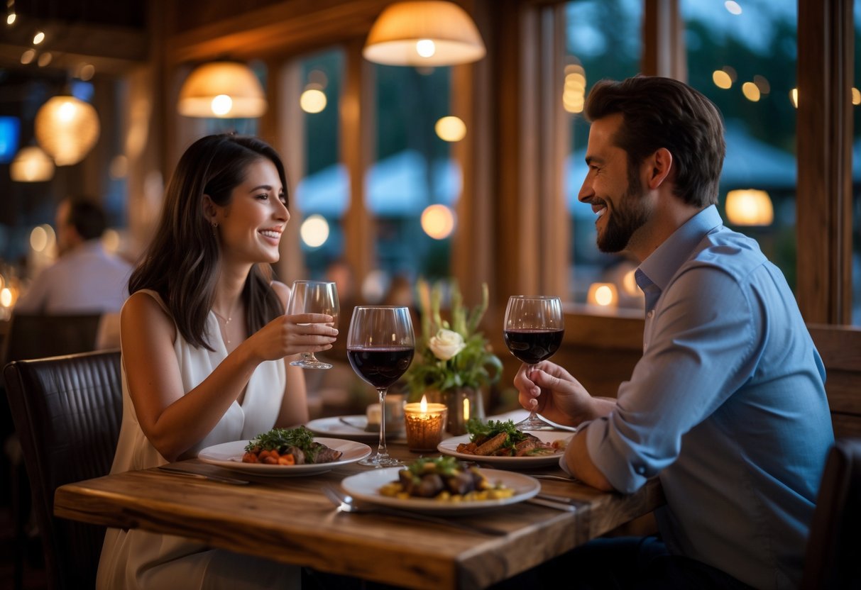 A couple enjoying a romantic dinner at a warmly lit restaurant with wooden tables and elegant dishes.