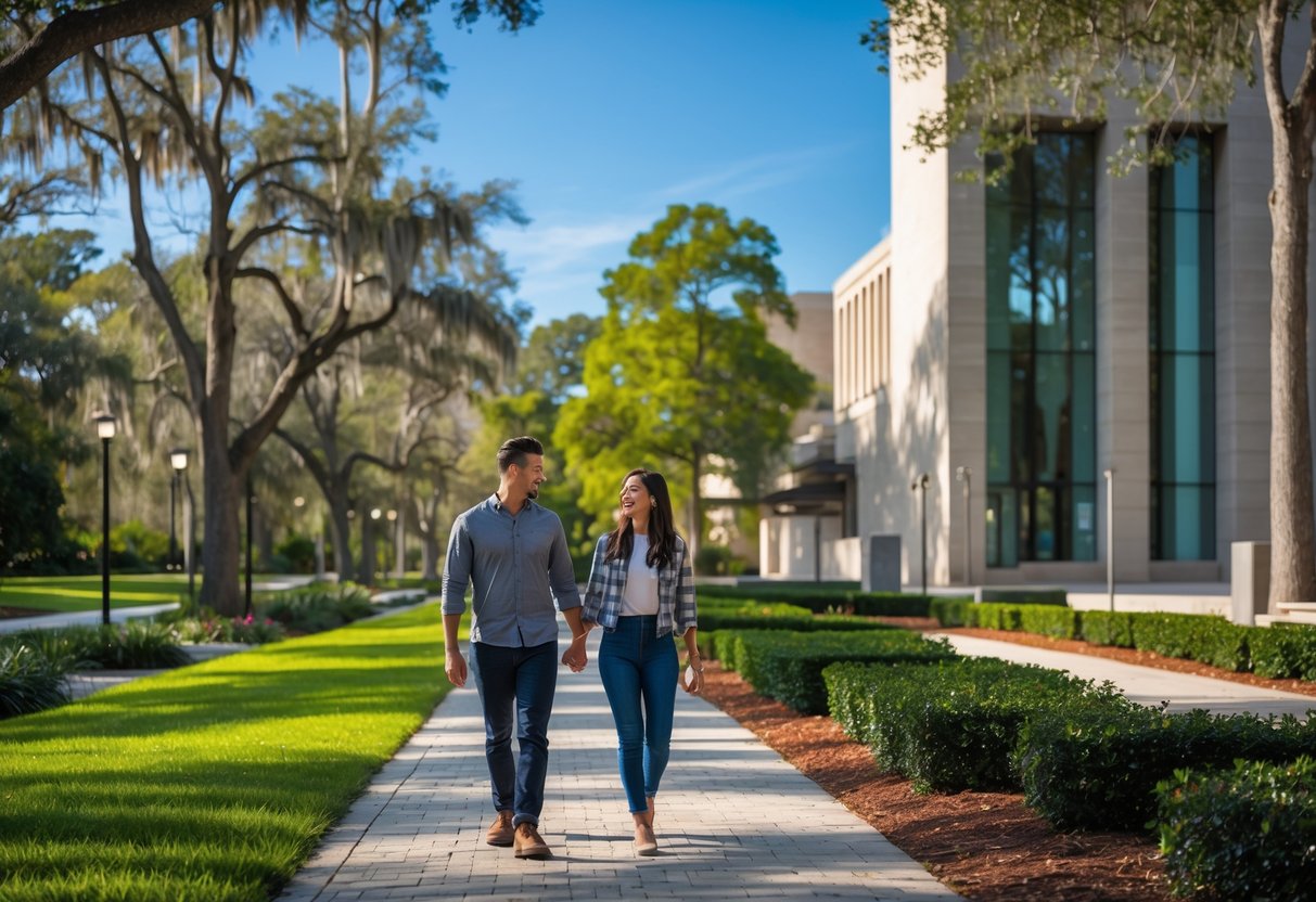 A young couple walking hand in hand near the Harn Museum of Art surrounded by trees and gardens on a sunny day.