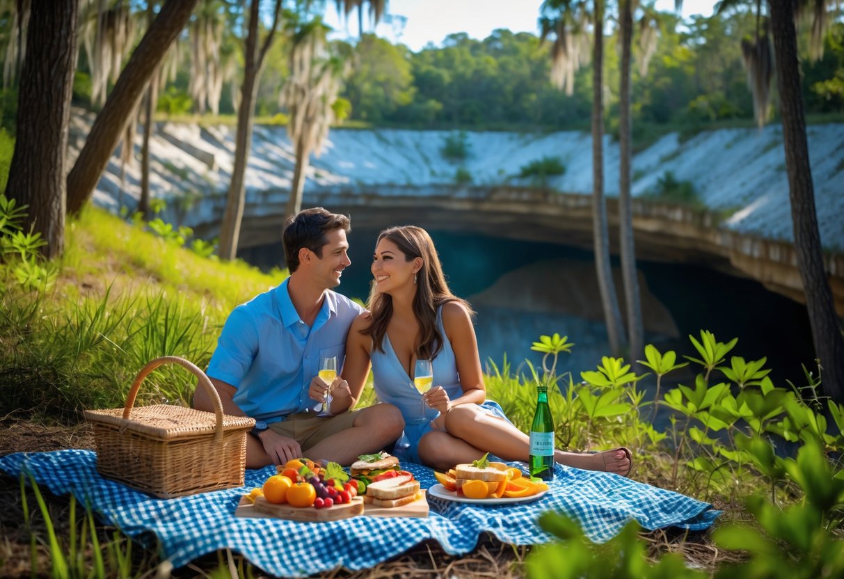 A young couple enjoying a picnic on a blanket surrounded by trees and greenery at Devil's Millhopper Geological State Park.