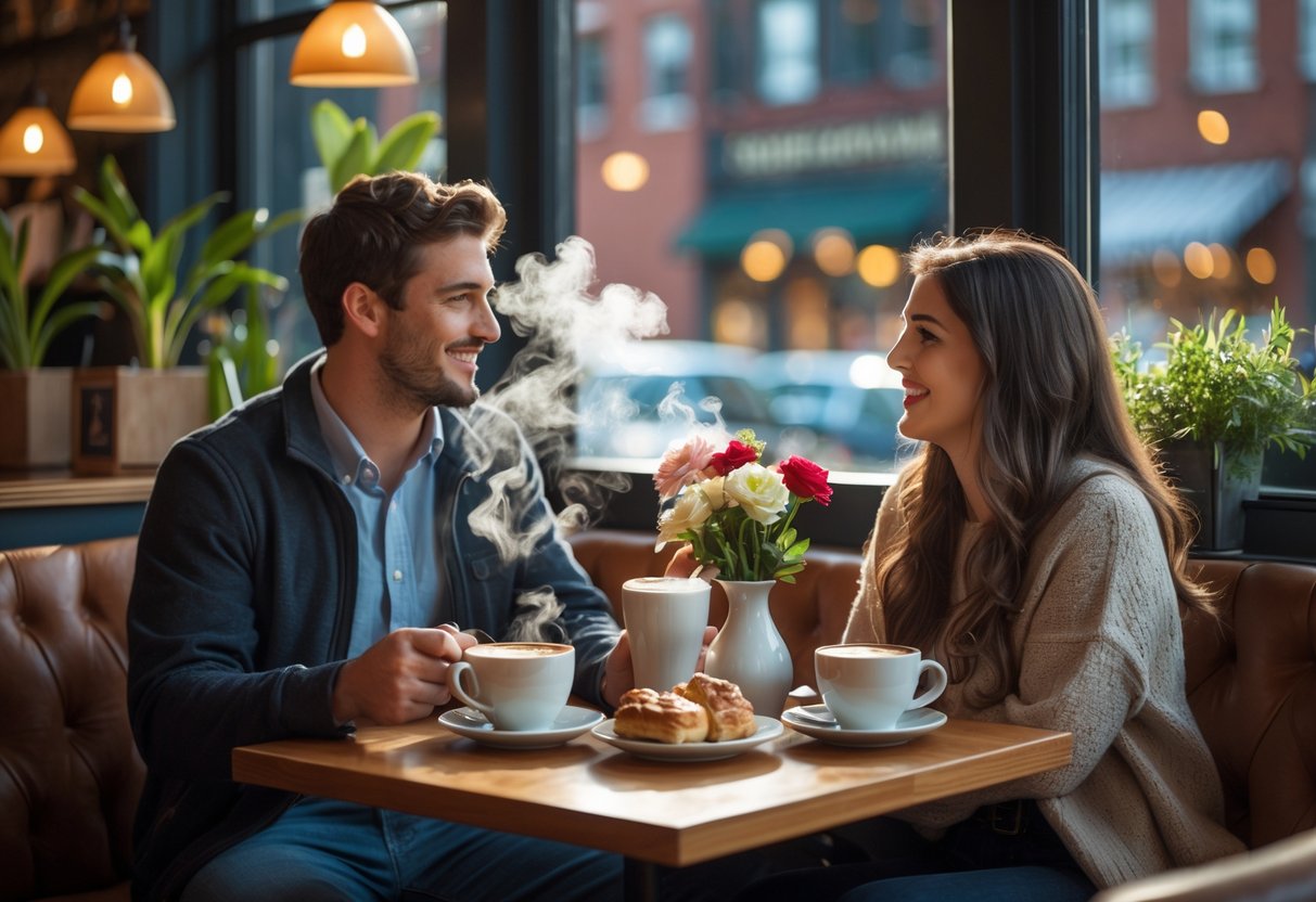 A young couple sitting at a small table in a cozy café, enjoying coffee together with plants and pastries nearby.