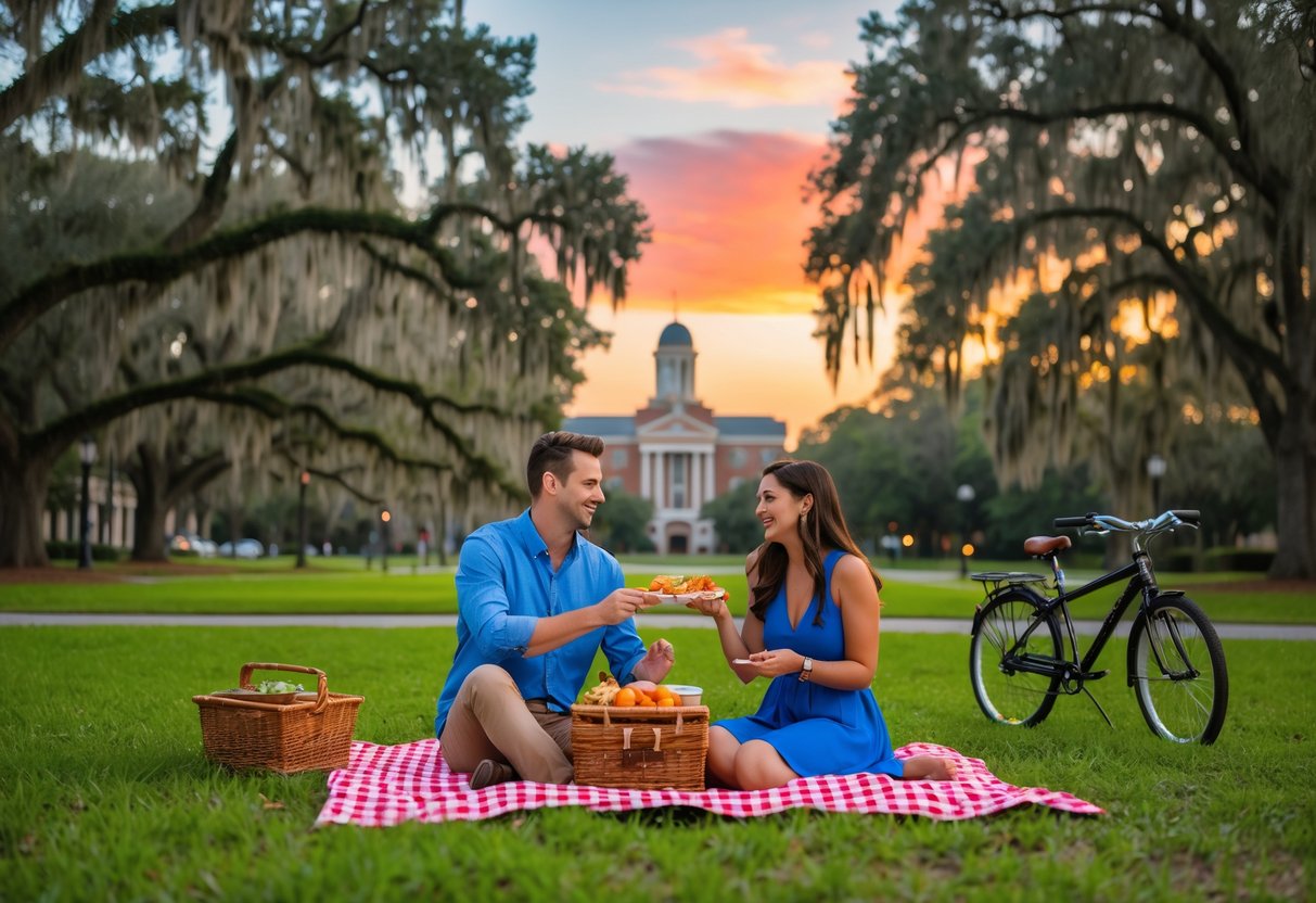 A young couple having a picnic on a blanket in a green park with large oak trees and a university building in the background during sunset.