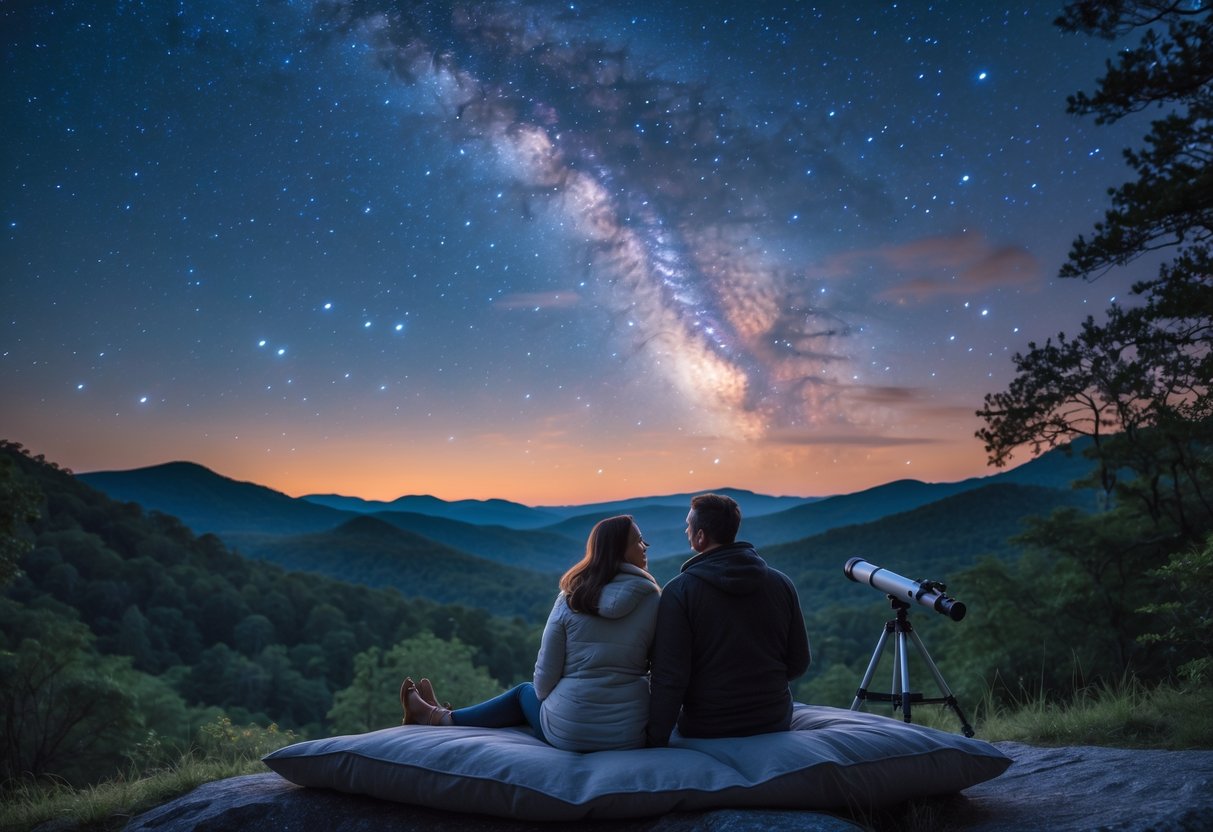 A couple sitting outdoors at night in a forested mountain park, looking up at a star-filled sky.