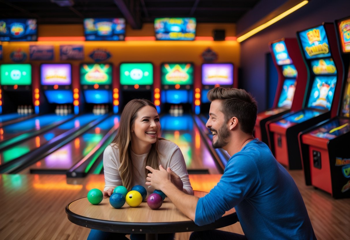 A young couple playing duckpin bowling and enjoying arcade games in a lively entertainment center.