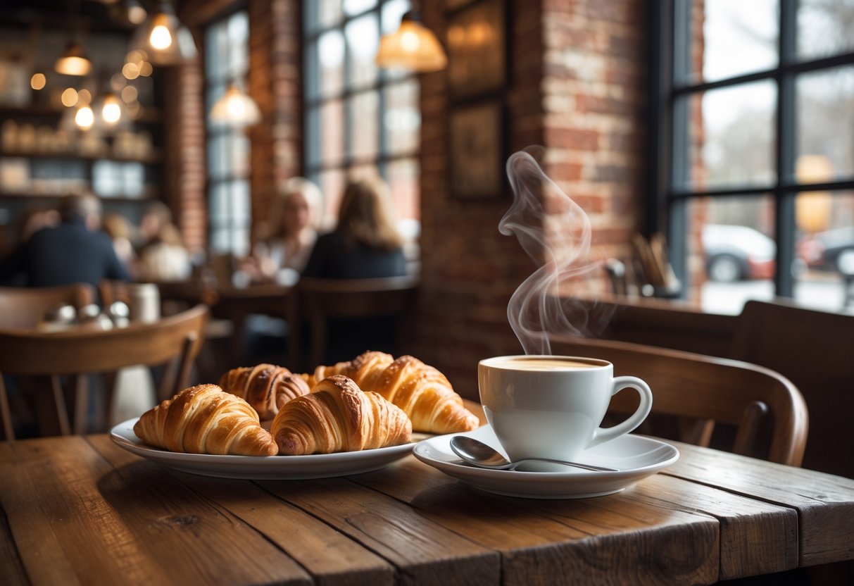 A table at a bakery café with a cup of coffee and assorted pastries in a warm, cozy setting.