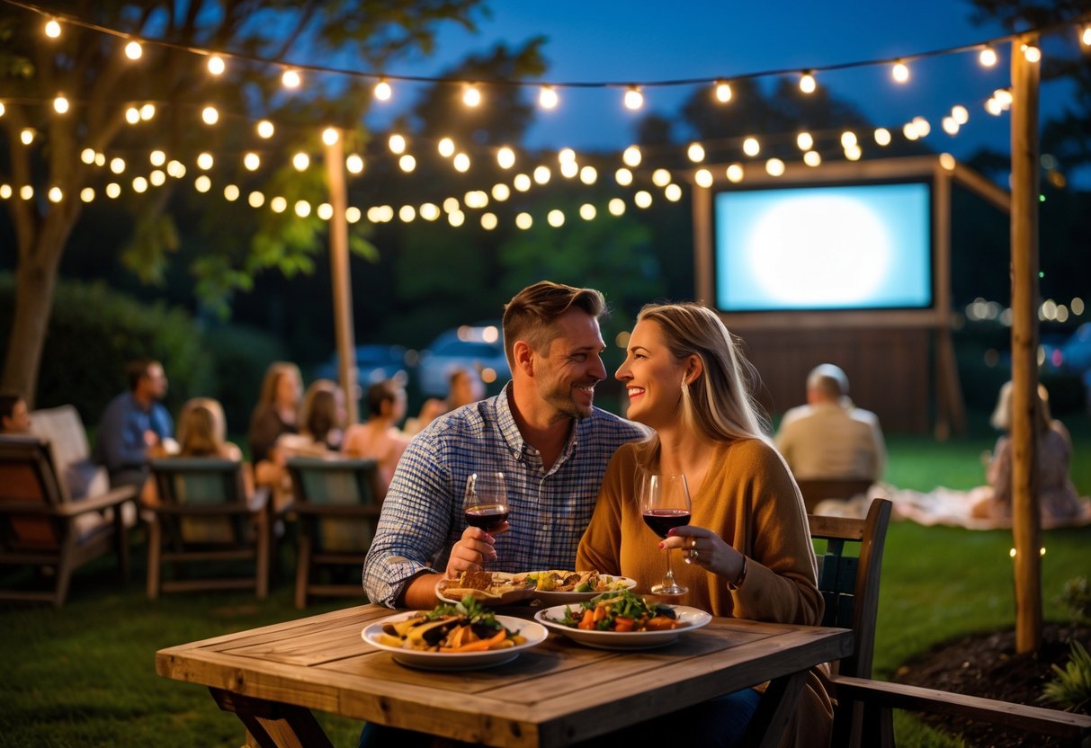 A couple enjoying dinner at an outdoor restaurant with a movie screen in the background at The Little Grill Collective in Harrisonburg, Virginia.