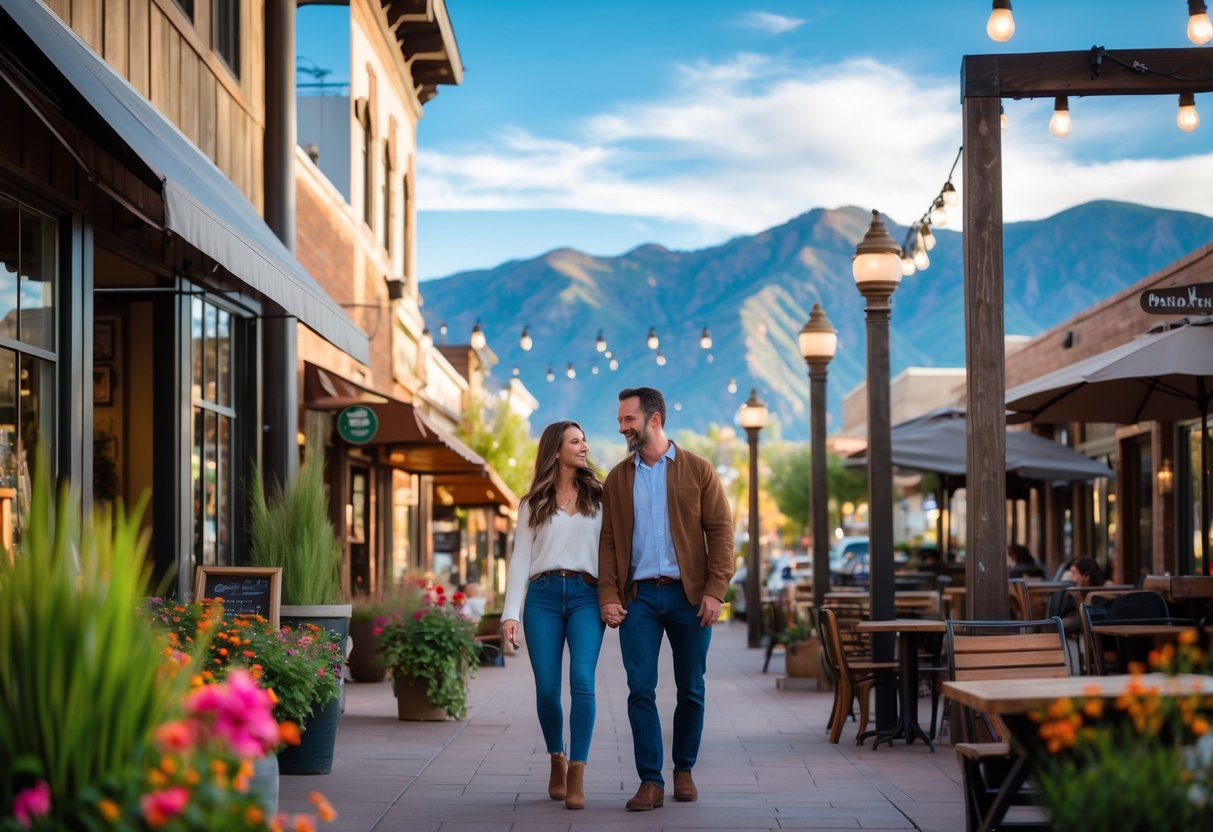 A couple enjoying a date outdoors in Ogden, Utah with mountains in the background and a charming downtown street scene.