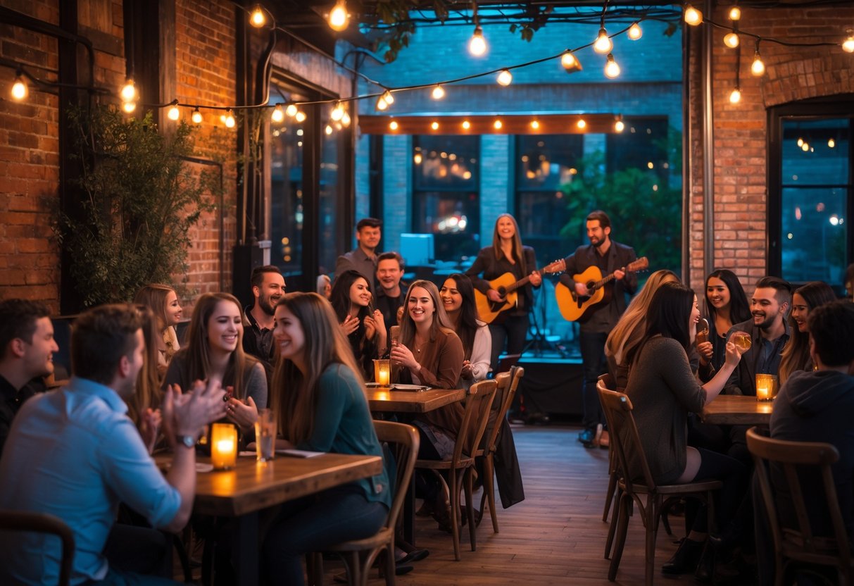 Couples and friends enjoying live music at a cozy downtown venue with a band performing on stage and warm ambient lighting.