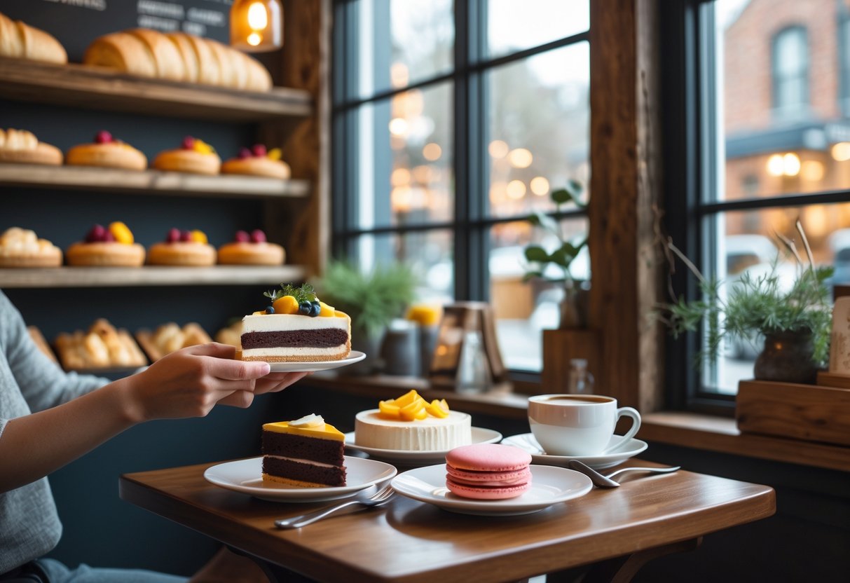 A couple enjoying desserts and coffee at a small table inside a cozy bakery.