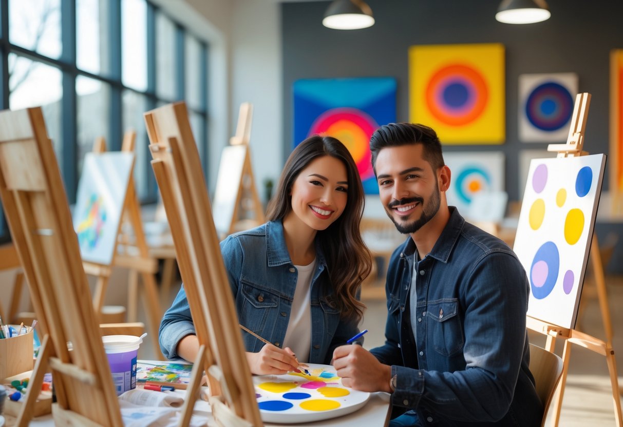 A couple enjoying a creative art activity together inside an art center filled with colorful artwork and natural light.