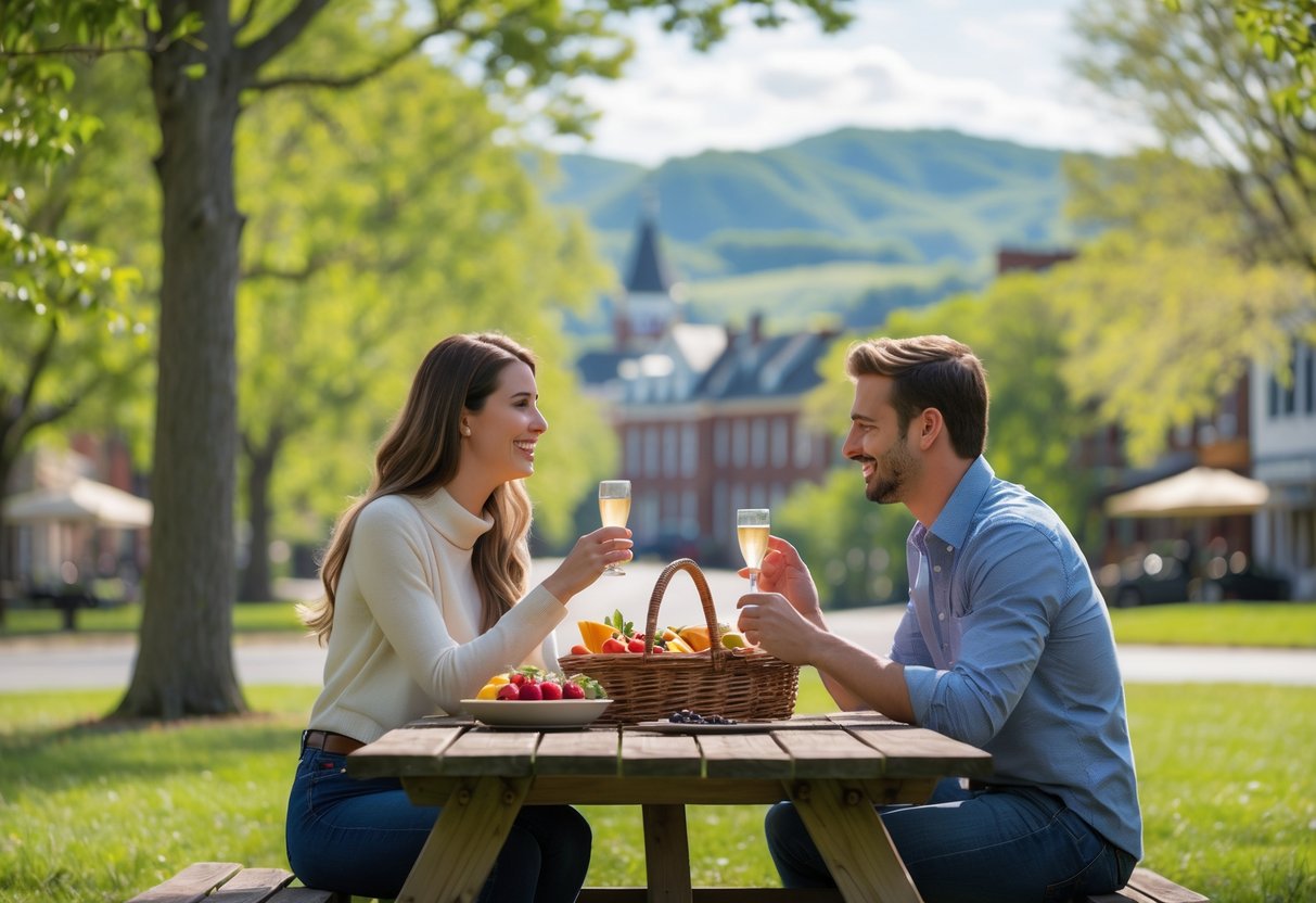 A young couple enjoying a picnic together at a park in Harrisonburg, Virginia, surrounded by green trees and hills.