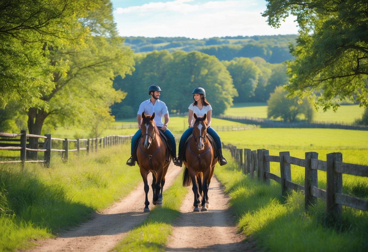 A couple horseback riding together on a countryside trail surrounded by green fields and trees.