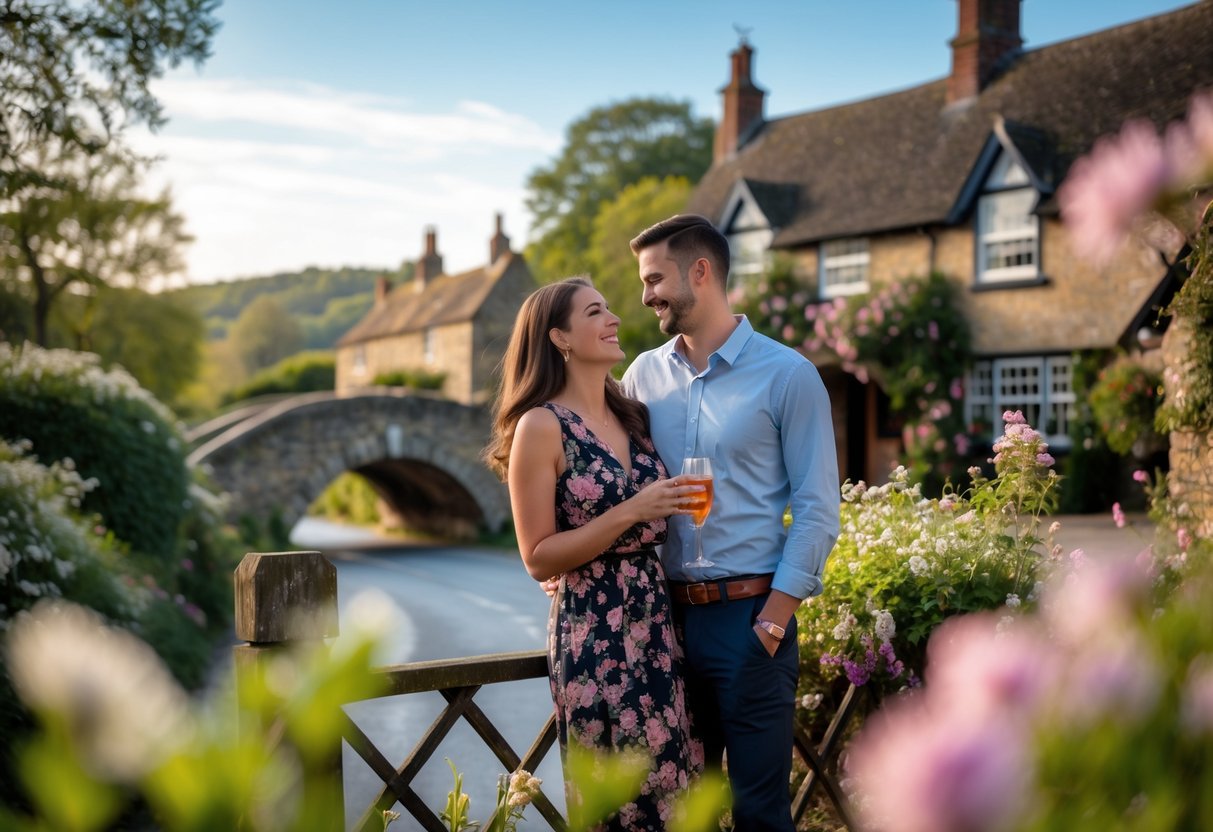 A couple enjoying a romantic moment outdoors in a scenic Hampshire location with greenery and historic architecture.
