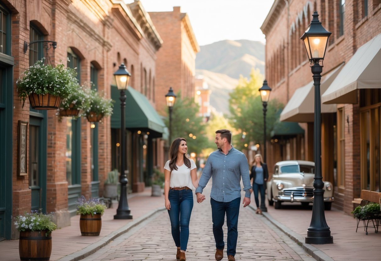 A couple walking hand-in-hand through a historic downtown street with brick buildings and cobblestone sidewalks.