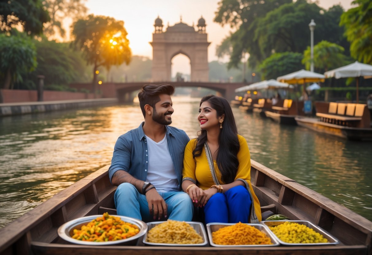 A young couple enjoying a sunset boat ride on a river with a park and city buildings in the background.