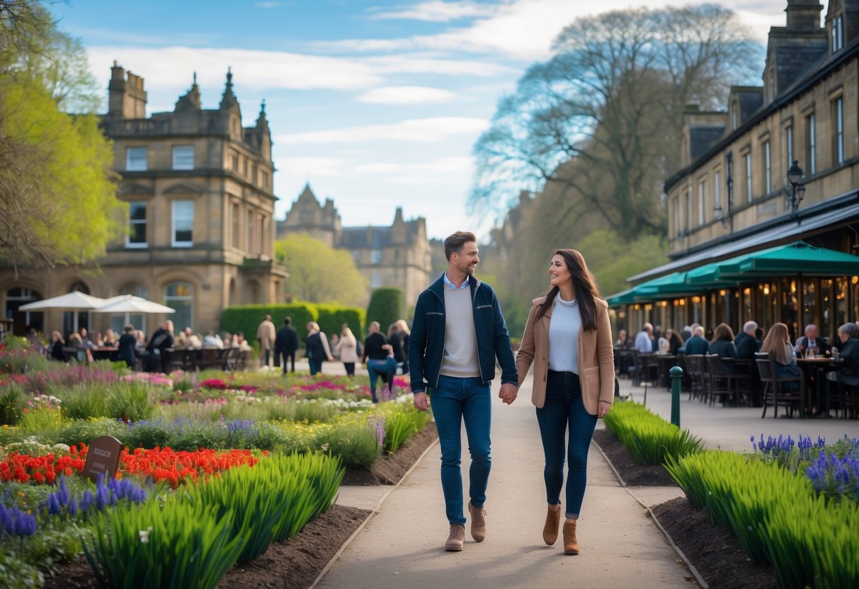 A young couple walking hand in hand through a green park with flowers and historic buildings in the background on a sunny day.